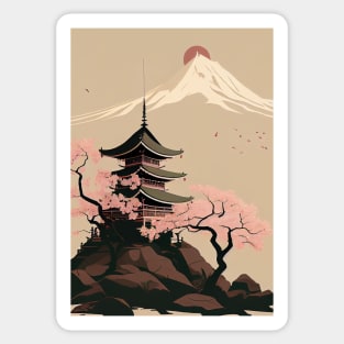 Serene Serenity: Minimal Japanese Temple, Cherry Blossoms and Mount Fiji Sticker